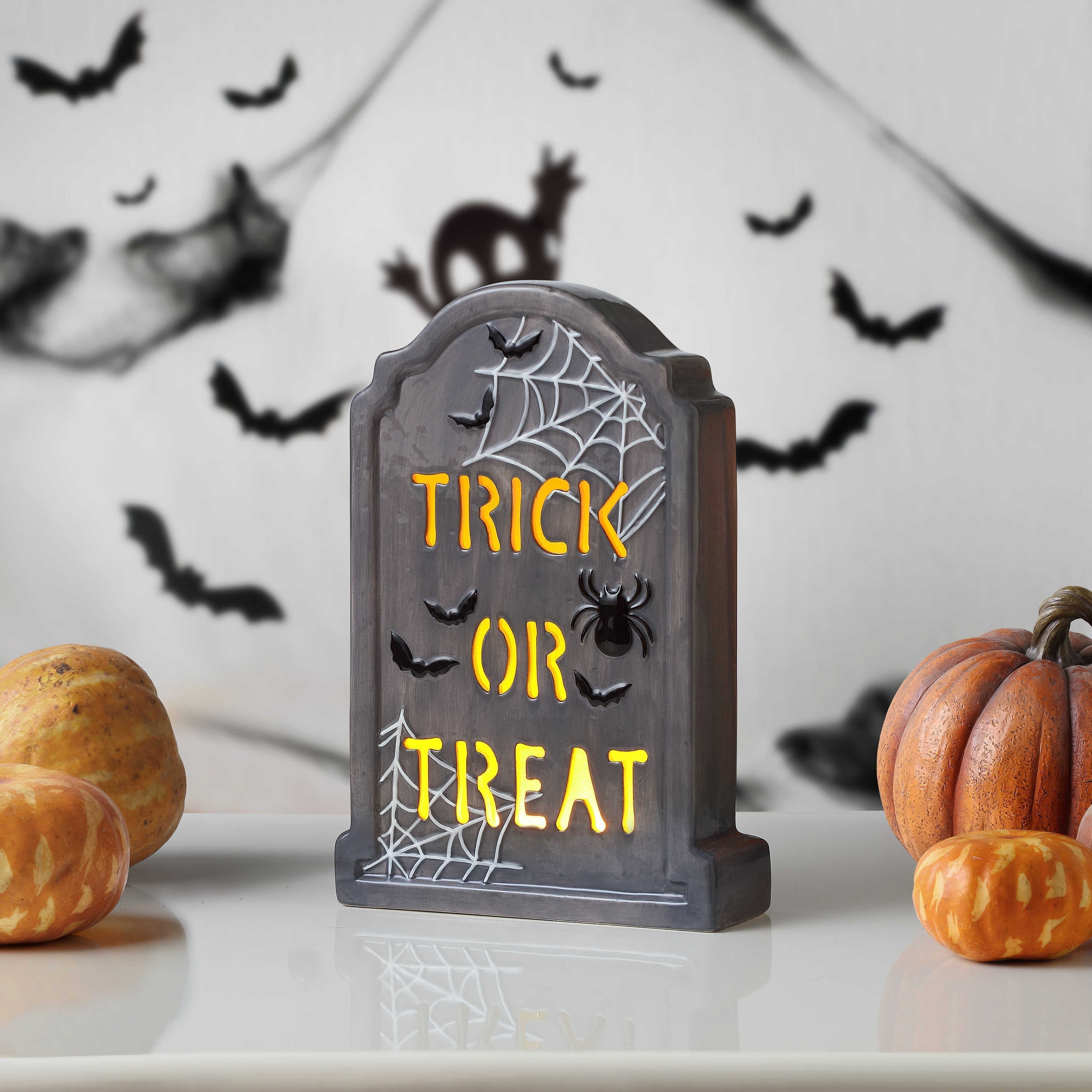 10 in. Ceramic LED Tombstone - Trick or Treat